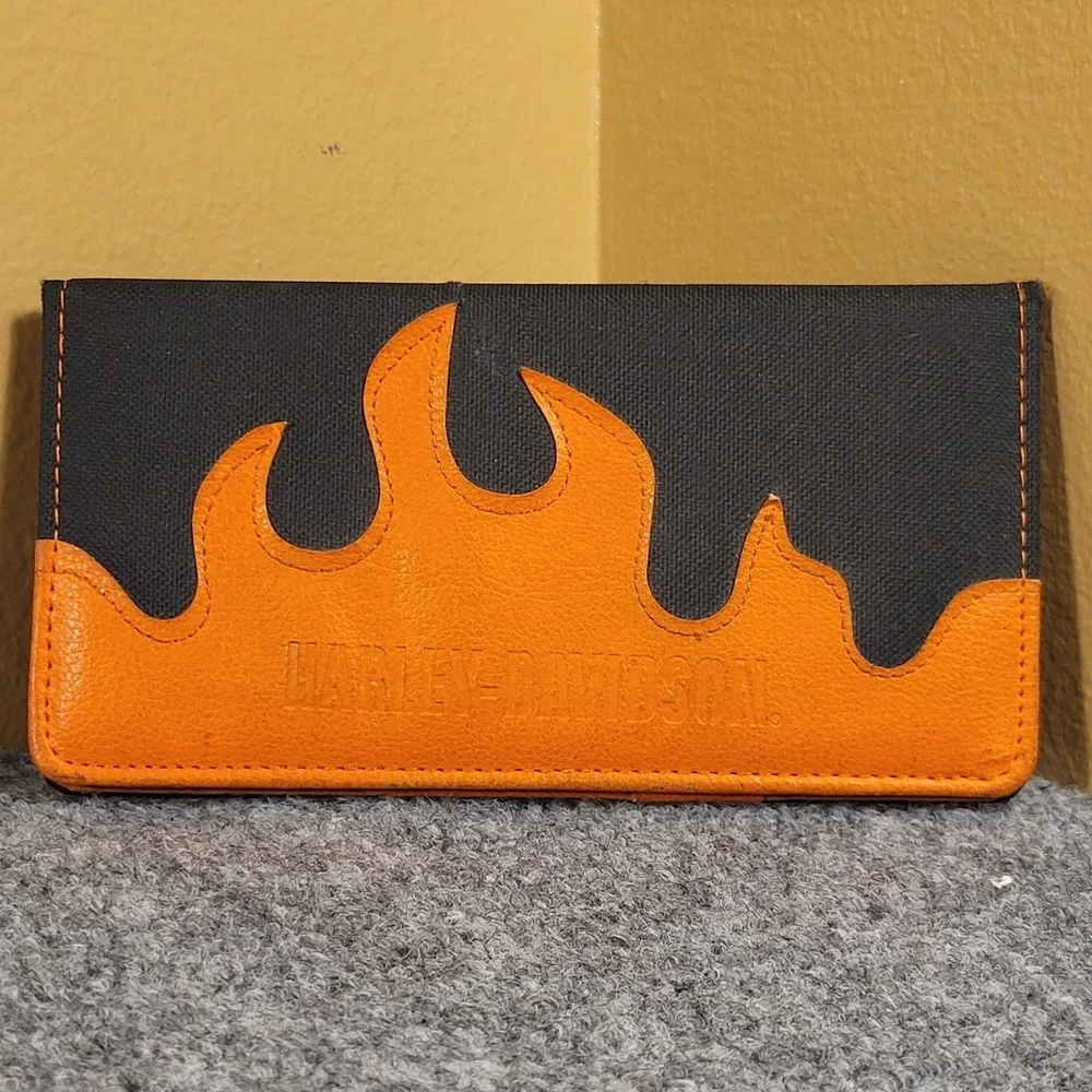 HARLEY-DAVIDSON Flame Orange Leather & Black Canvas Wallet Check Book Cover